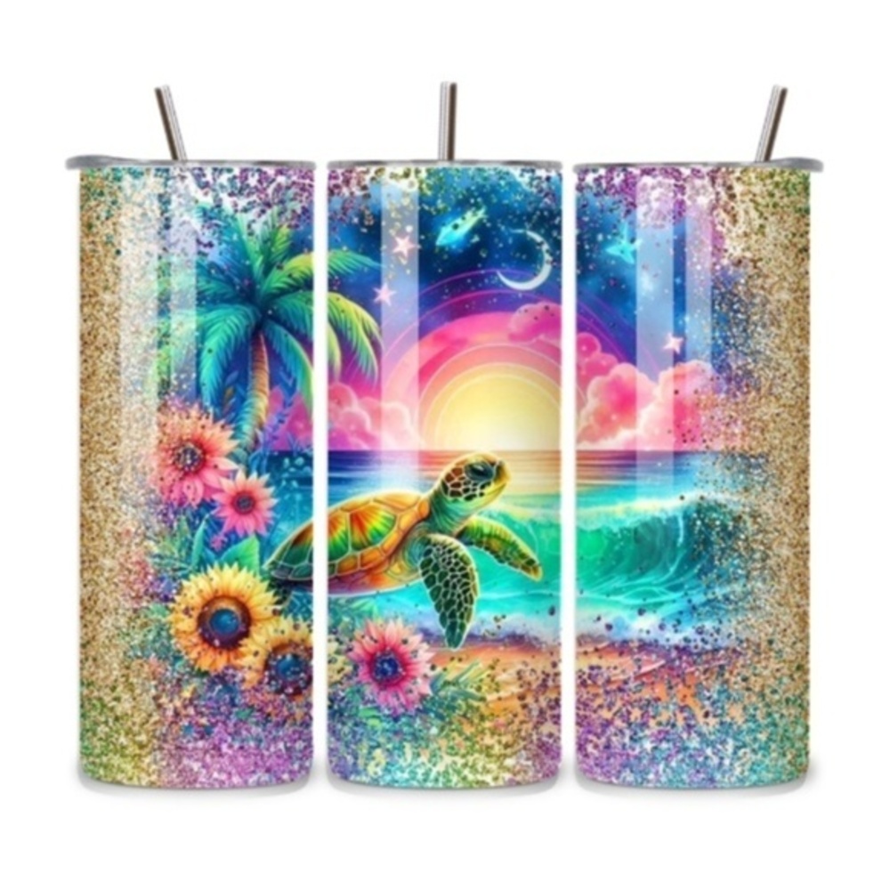 Handmade Glitter Sea Turtle 20oz Stainless Steel Tumbler – Tropical Beach Sunset